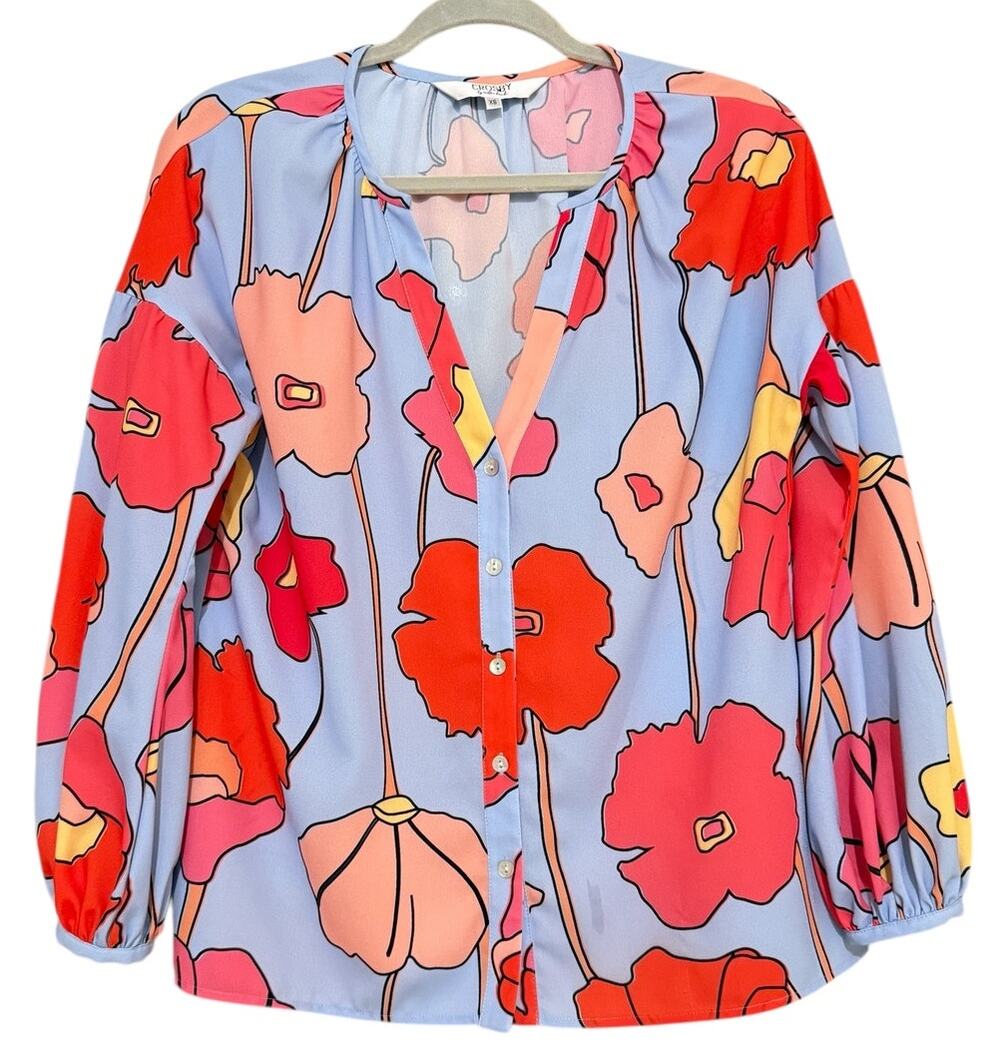 Crosby by Mollie Burch XS Floral Blouse Blue Orange Red Long Sleeve Pop Art